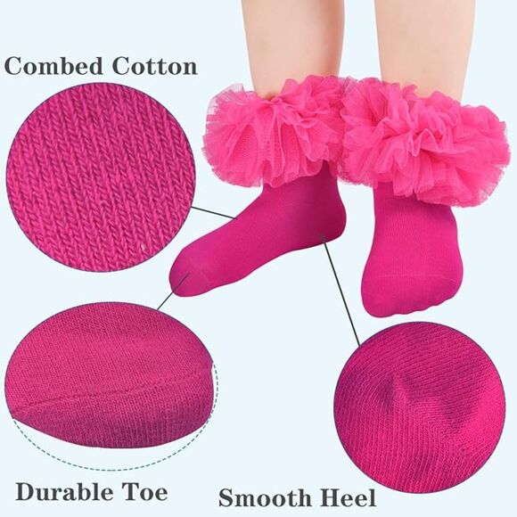 Girls Ruffle Socks for Little Girls 2 Pack Size M (4-6 YO) White & Hot Pink - Picture 4 of 4